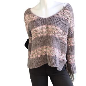 Free People Gray Pink Striped Fuzzy Knit High Low Sweater Women's Size Small
